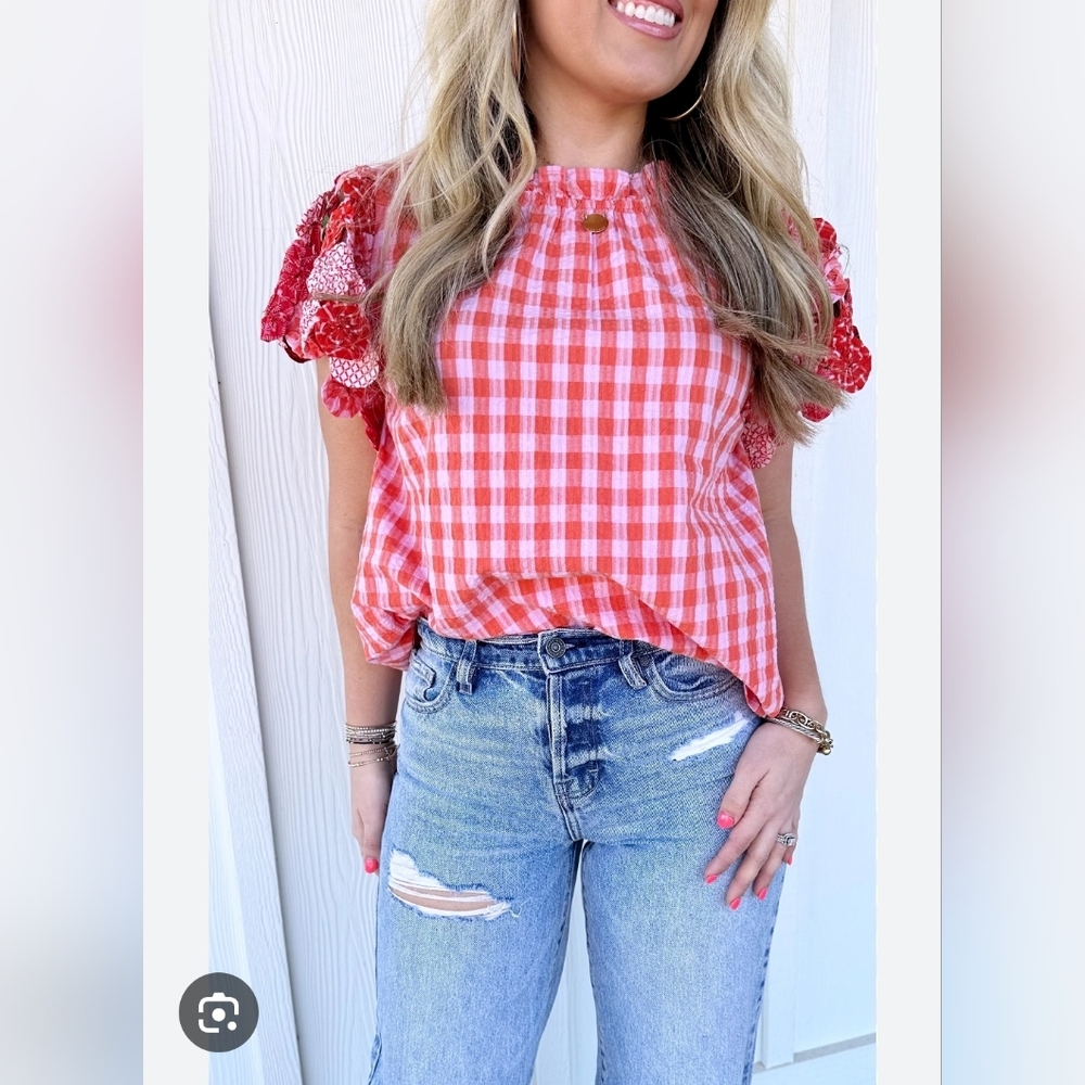 THML Textured Doily Sleeve Pink Gingham Top Size XS